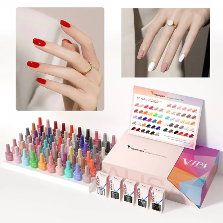 CADOURI - Kit oja semipermanenta Venalisa VIP 4, 60 culori, +Primer+ Base Coat + 3x Top Coat+ catalog culori
