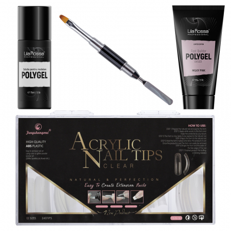Kit Polygel Premium Milky Pink, Lila Rossa, pensula, tipsuri, lichid modelare, Fast Builder Polygel 60 g [0]