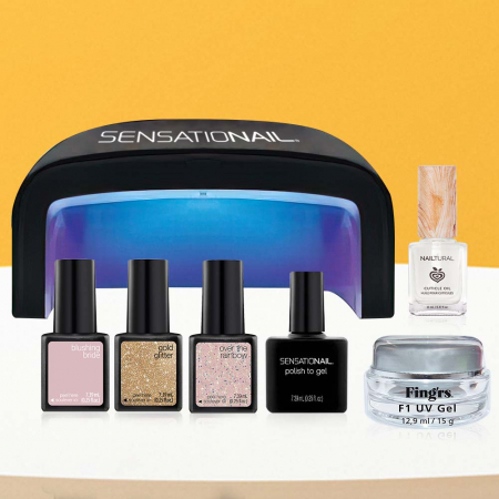 Kit unghii Sensationail, Essential 1, cu lampa UV/LED, 3 oje semipermanente, top coat, accesorii unghii [1]