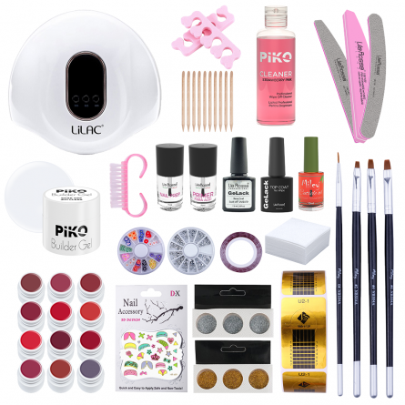 Kit unghii gel Vibrant Red, Piko, cu lampa UV LED 90 W, cu set 12 geluri color, degresant, primer, top, baza, pensule, decoratiuni [0]