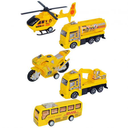 Set 5 masinute Karemi, seria de inginerie in constructii, cu elicopter, motocicleta, autobuz, cisterna, excavator, galbene [6]