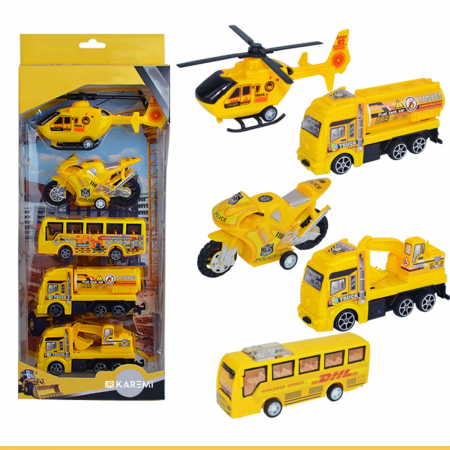 Set 5 masinute Karemi, seria de inginerie in constructii, cu elicopter, motocicleta, autobuz, cisterna, excavator, galbene [5]