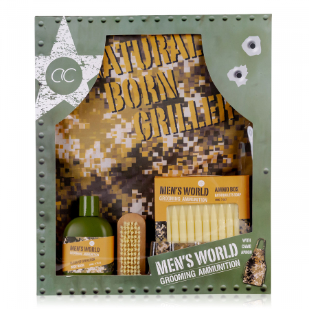 Set cadou barbati, gel de dus, sapun, perie, sort gratar, Bath set MEN'S WORLD in paper gift box, incl. 200ml body wash, 200g ammunition soap, wooden nail brush, grill apron 'Natural Born Griller' wit [2]