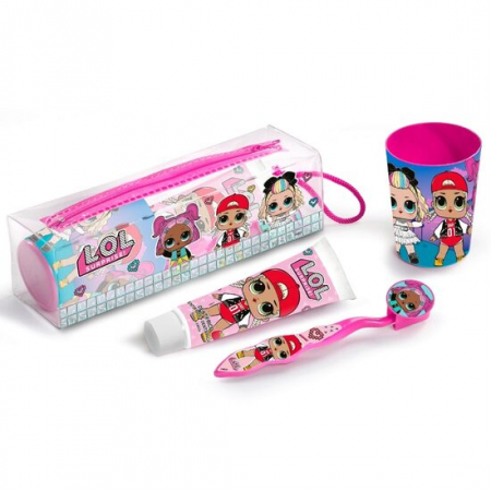 COPII - Set ingrijire dentala pentru calatorie, LOL Surprise, Periuta cu capac, pasta de dinti 75 ml, pahar si borseta