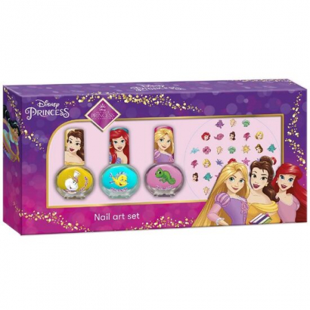 COPII - Set manichiura pentru fetite, 3 lacuri de unghii si modele de lipit pe unghii, Printesele Disney