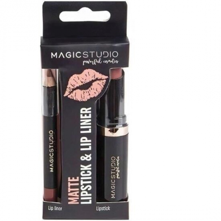 Ruj - Set Perfect Lips, Ruj de buze mat si creion pentru contur asortat, Nr. 1, Light Brown, Magic Studio