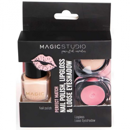 UNGHII - Set Perfect Match, un gloss pentru buze, un lac de unghii si un fard pulbere, Nr.01 Nude, Magic Studio