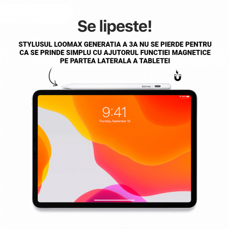 Stylus Pen, Loomax, pix pentru tableta iPad Apple, 10 penite anti-zgarieturi, 1 functie Palm Rejection, Tilt, Magnetic, USB-C, Alb [4]