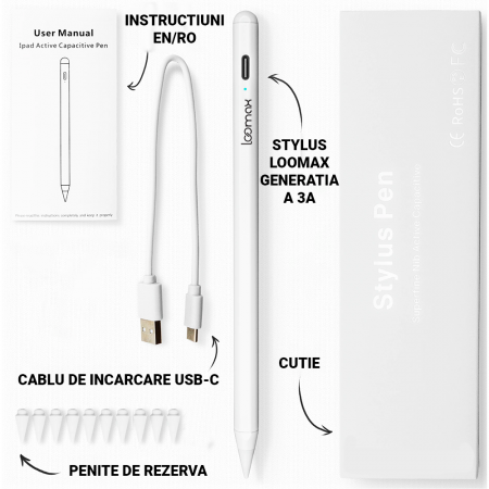 Stylus Pen, Loomax, pix pentru tableta iPad Apple, 10 penite anti-zgarieturi, 1 functie Palm Rejection, Tilt, Magnetic, USB-C, Alb [1]