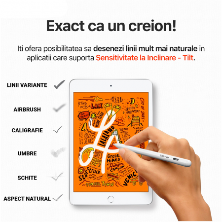 Stylus Pen, Loomax, pix pentru tableta iPad Apple, 10 penite anti-zgarieturi, 1 functie Palm Rejection, Tilt, Magnetic, USB-C, Alb [5]