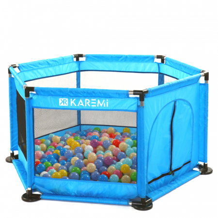 Tarc de joaca de copii multifunctional Karemi, plasa rezistenta, 50 bile, covor, albastru [0]