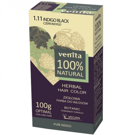 Import - Vopsea de par pulbere, pe baza de plante, naturala 100%, Venita, Nr 1.11, Negru Indigo, 100g