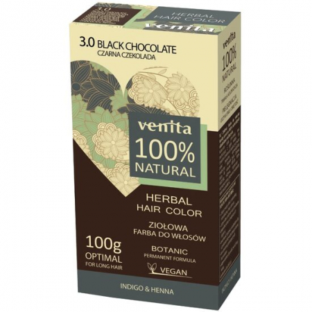 PAR - Vopsea de par pulbere, pe baza de plante, naturala 100%, Venita, Nr 3.0, Ciocolata Neagra, 100g