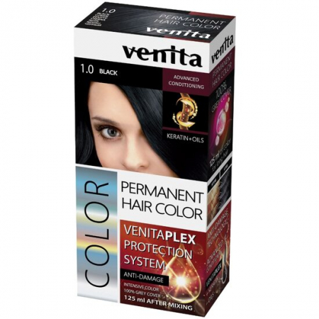 PAR - Vopsea de par permanenta, Venita Plex, 125 ml, Nr 1.0, Negru, 125ml