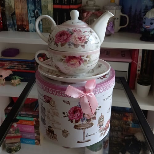 Set cu ceainic, ceasca si farfurie, portelan, Trandafiri, Multicolor, 500 ml [3]