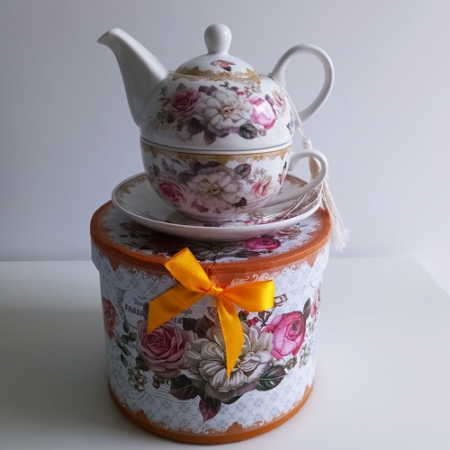 Set ceainic, ceasca si farfurie, portelan, Model Floral, Multicolor, 500 ml [4]