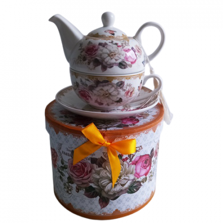 Set ceainic, ceasca si farfurie, portelan, Model Floral, Multicolor, 500 ml [0]