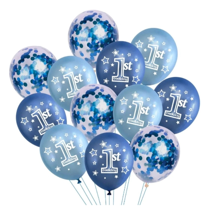 Set 12 Baloane Aniversare, Albastru cu confetti,1 st, 30 cm