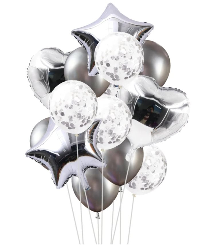 Set 14 Baloane Aniversare, Argintiu, 45 cm