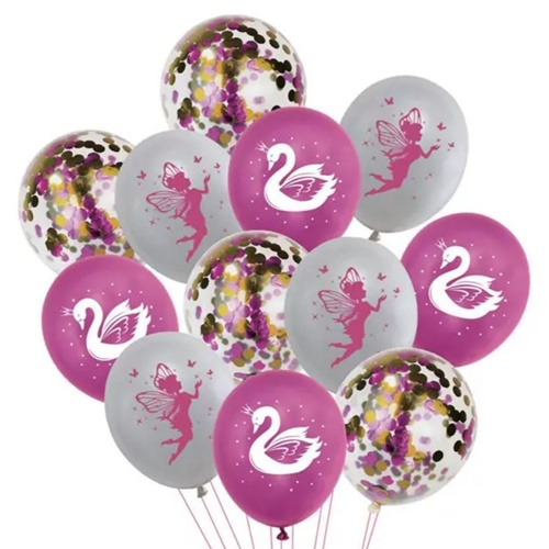 Set 12 baloane latex cu zane, lebede si baloane confetti,, Multicolor, 30 cm