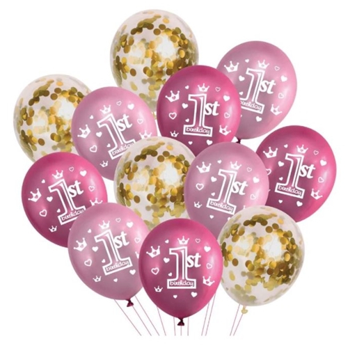 Set 12 Baloane Aniversare, Roz cu confetti,1 st, 30 cm