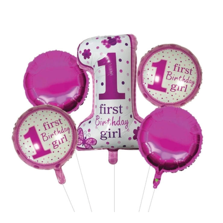 Set 5 baloane roz, alb, 1 first birthday girl