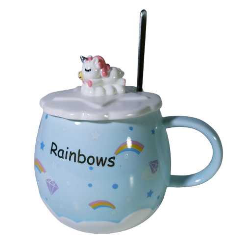 Cana cu lingurita si capac, model Unicorn Rainbows, 300ml, Bleu