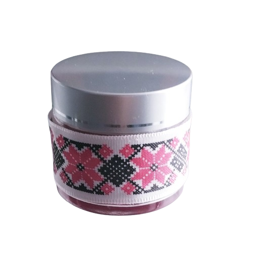 Lumanare decorativa borcan, cu banda traditionala multicolor, rosu, 5 cm