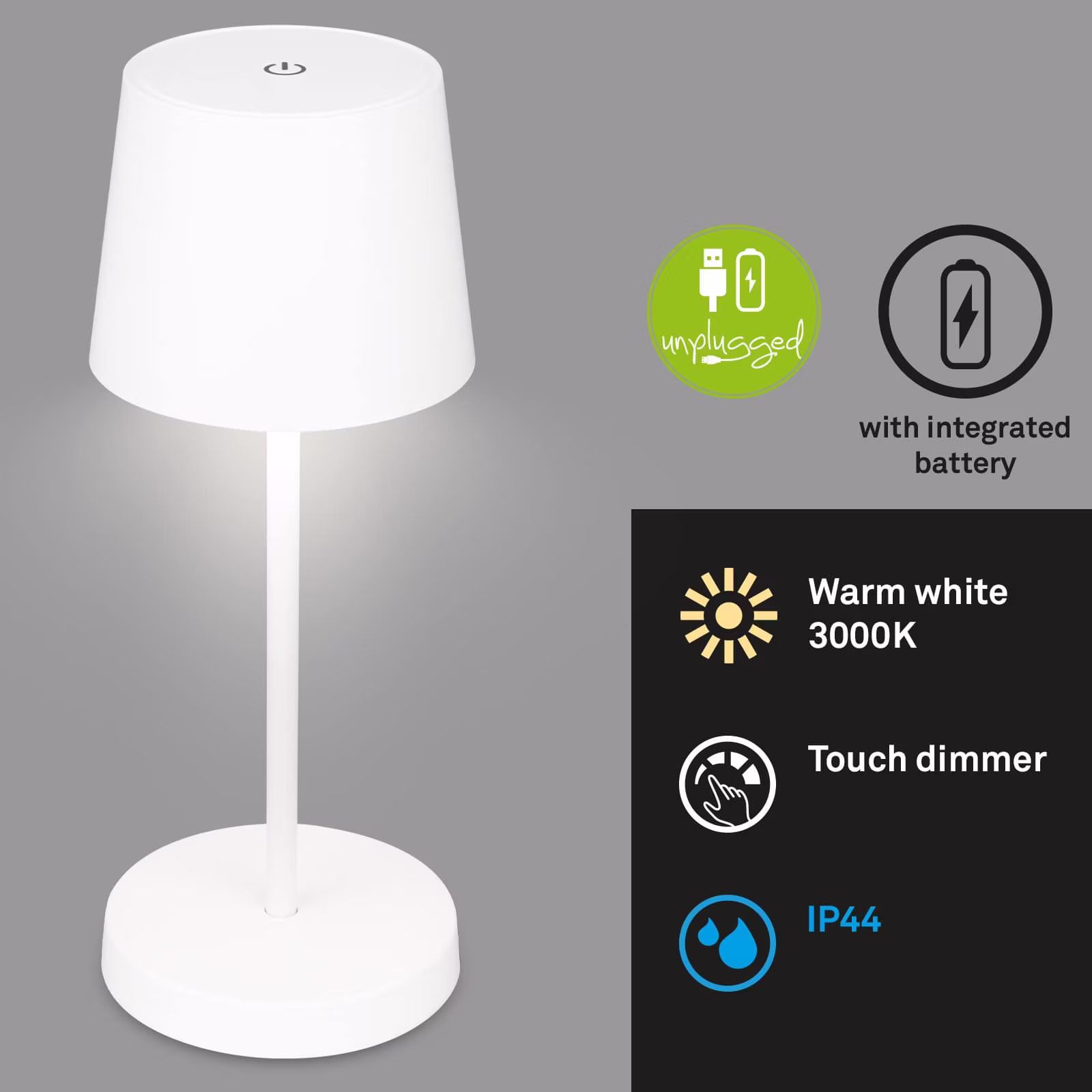 veioza led briloner piha white putere 2 6w lumina calda 150 lumeni ip44 dimabila in 3 trepte conexiune usb cu functie de incarcare durabilitate bateri 1072 [1]