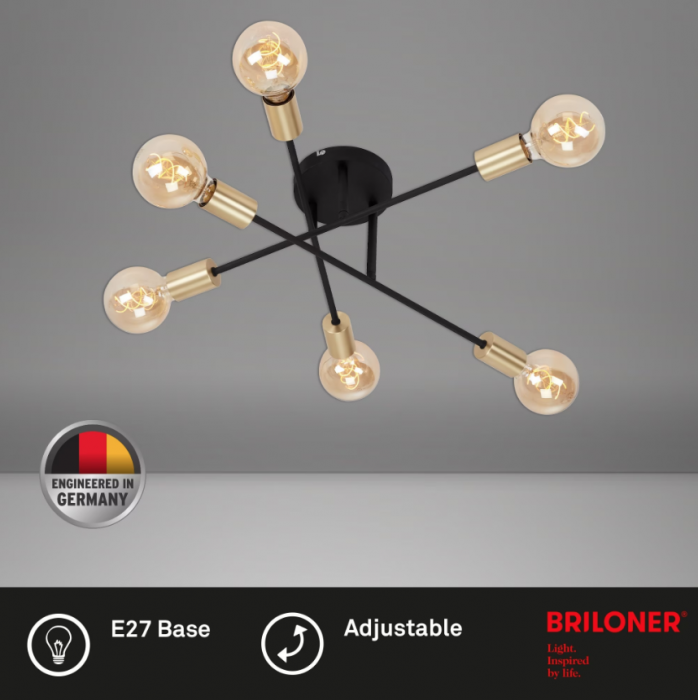 Lustra Briloner Leuchen Black Steel, 6 socluri E27, brate ajustabile, max.60W, 55.5x19.5cm, Negru/Auriu [3]