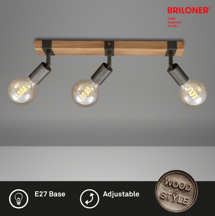 Lustra Briloner Leuchen Wood Style, 3xE27, Max. 25W, brate ajustabile, 48x10x9cm, Lemn/Metal [3]