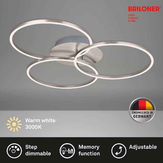 Lustra LED integrat Briloner Leuchen, 40W, 4400 lumeni, lumina calda (3000K), dimmabil in trepte cu functie de memorie, 71.7x67.4cm, Nichel Mat [4]