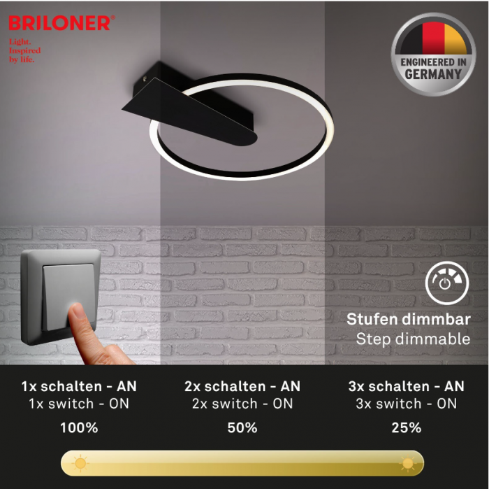Lustra LED integrat Briloner Leuchen Nico Circle, 12W, 1400 lumeni, lumina calda (3000K), dimmabil in trepte cu functie de memorie, 34x4 cm, Negru [5]