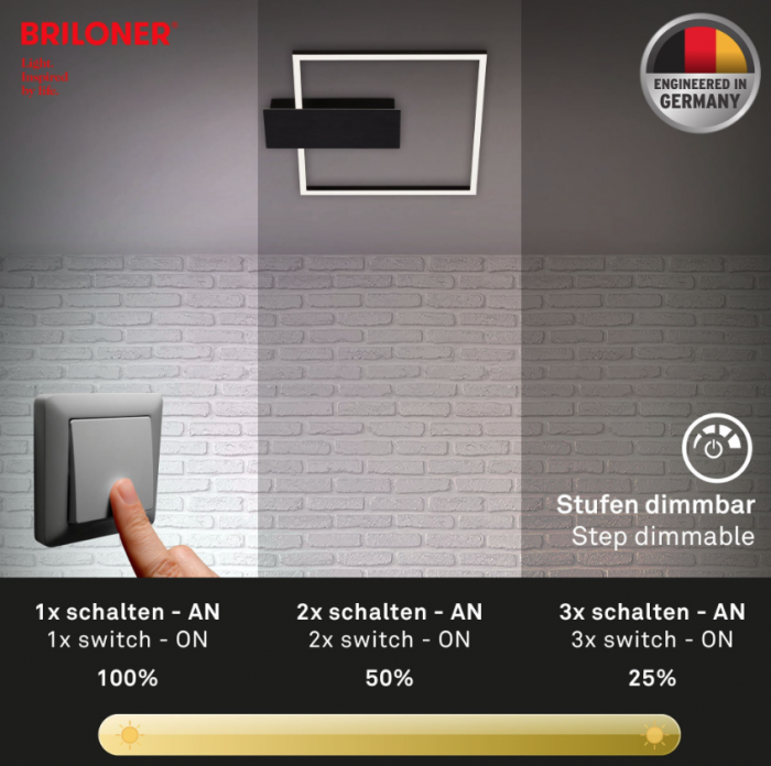 Lustra LED integrat Briloner Leuchen Nico Square, 12W, 1400 lumeni, lumina calda (3000K), dimmabil in trepte cu functie de memorie, 37.5x32x4 cm, Negru [5]