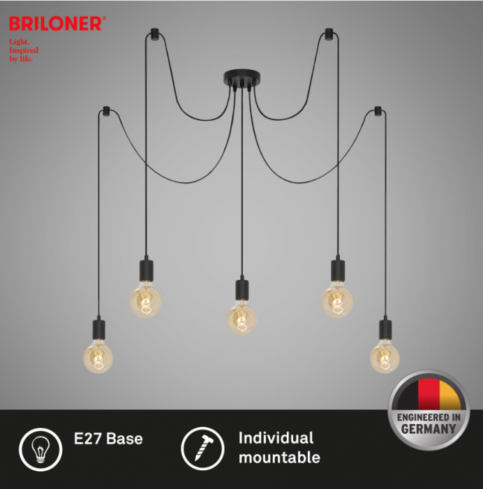 Lustra suspendata Briloner Leuchen, 5 brate cu socluri E27, inaltime reglabila, max.60W, 100x150 cm, Negru [4]