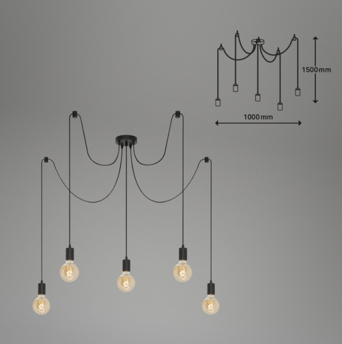 Lustra suspendata Briloner Leuchen, 5 brate cu socluri E27, inaltime reglabila, max.60W, 100x150 cm, Negru [5]