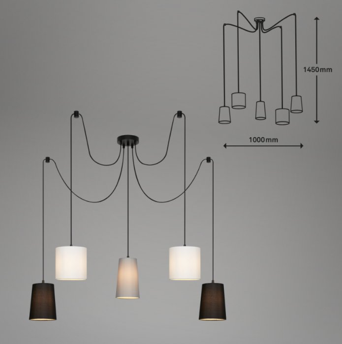 Lustra suspendata Briloner Leuchen 5 brate, soclu E27, max. 60W, abajur textil, inaltime reglabila, 100x145 cm [4]