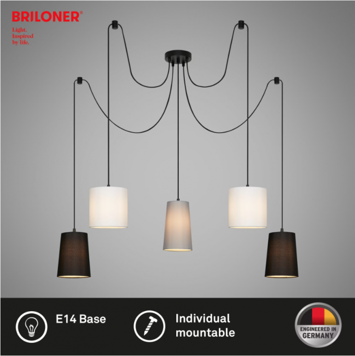 Lustra suspendata Briloner Leuchen 5 brate, soclu E27, max. 60W, abajur textil, inaltime reglabila, 100x145 cm [3]