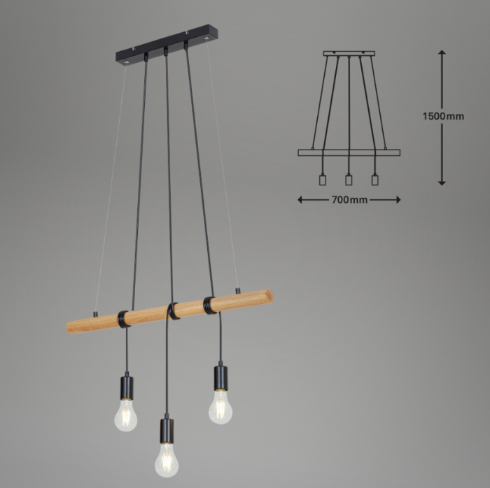 Lustra suspendata Briloner Leuchen Wood & Style, 3 socluri E27, max. 60W, inaltime reglabila, 70x120 cm, Negru [3]