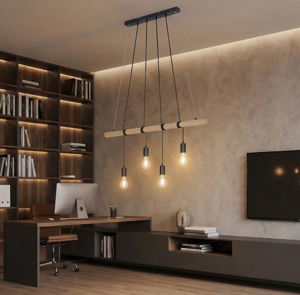 Lustra suspendata Briloner Leuchen Wood & Style, 4 socluri E27, max. 60W, inaltime reglabila, 90x150 cm, Negru [7]