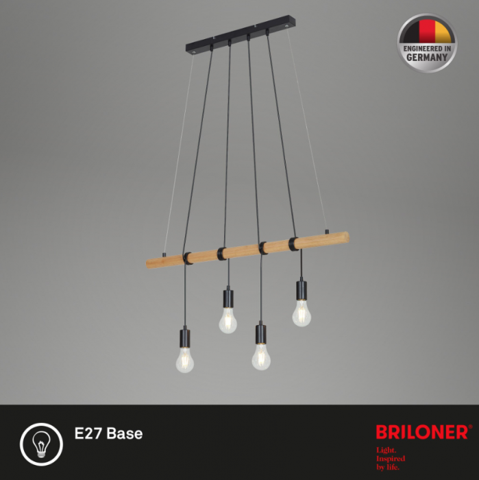 Lustra suspendata Briloner Leuchen Wood & Style, 4 socluri E27, max. 60W, inaltime reglabila, 90x150 cm, Negru [4]