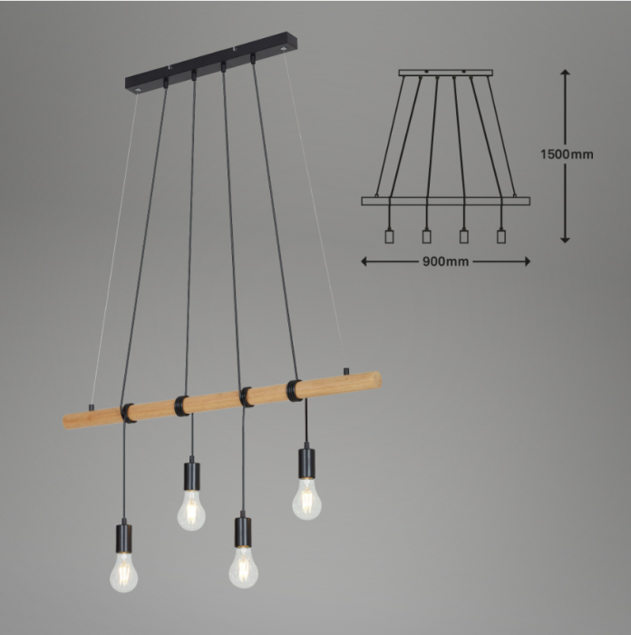 Lustra suspendata Briloner Leuchen Wood & Style, 4 socluri E27, max. 60W, inaltime reglabila, 90x150 cm, Negru [3]