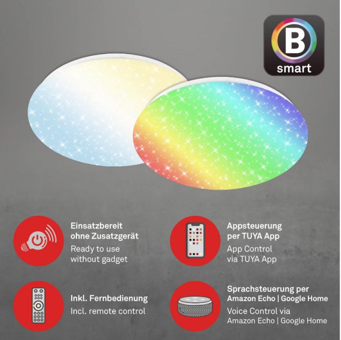 Plafoniera LED RGB inteligenta Briloner, Wi-Fi, telecomanda, dimabil, lumina alba si colorata, IP44, compatibil Amazon Alexa si Google Home, 33cm, Alb [5]