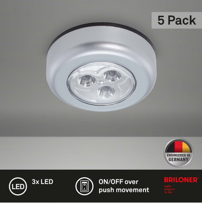 Set 5 lampi LED Briloner, 0.3 W, 15 lm, IP20, sistem push On/Off, banda autoadeziva inclusa [5]