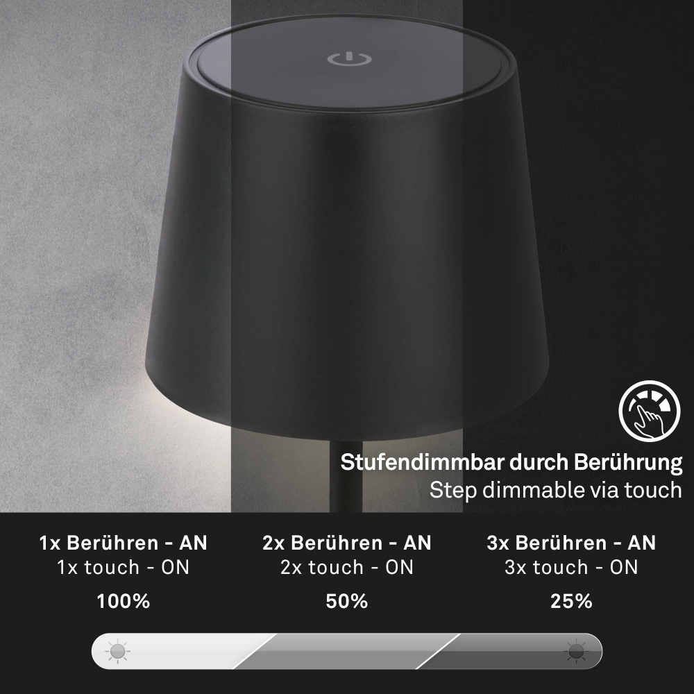 Veioza LED Briloner PIHA Black, Putere 2.6W , Lumina Calda , 150 Lumeni , IP44 ,Dimabila in 3 Trepte, Conexiune USB cu Functie de Incarcare, Capacitate baterie 18 Ore [5]
