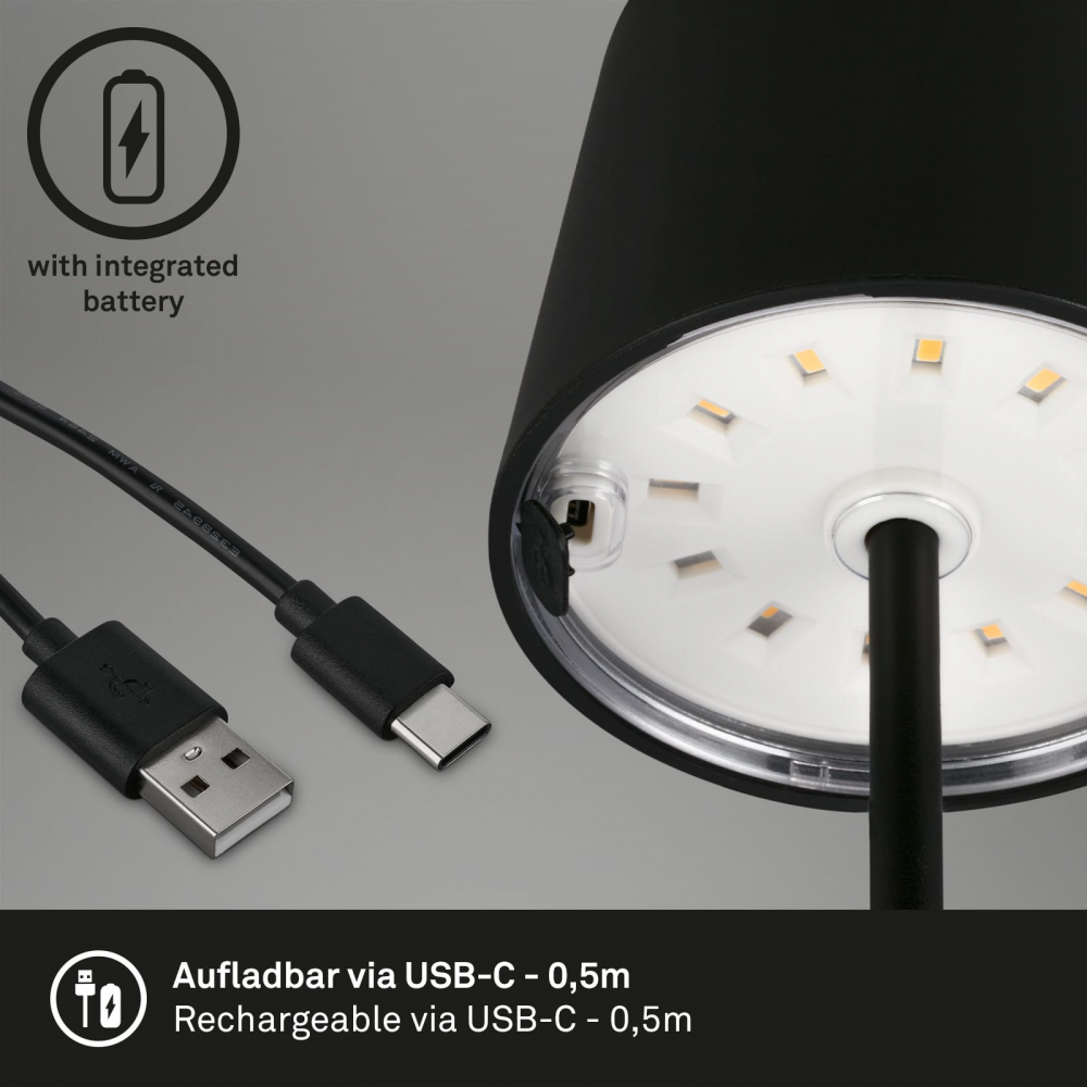 Veioza LED Briloner PIHA Black, Putere 2.6W , Lumina Calda , 150 Lumeni , IP44 ,Dimabila in 3 Trepte, Conexiune USB cu Functie de Incarcare, Capacitate baterie 18 Ore [3]
