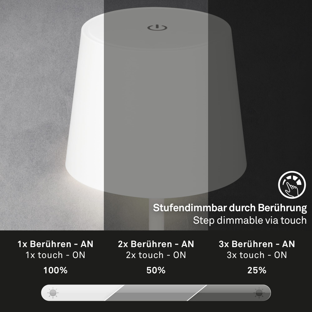 veioza led briloner piha white putere 2 6w lumina calda 150 lumeni ip44 dimabila in 3 trepte conexiune usb cu functie de incarcare durabilitate bateri 1072 [4]
