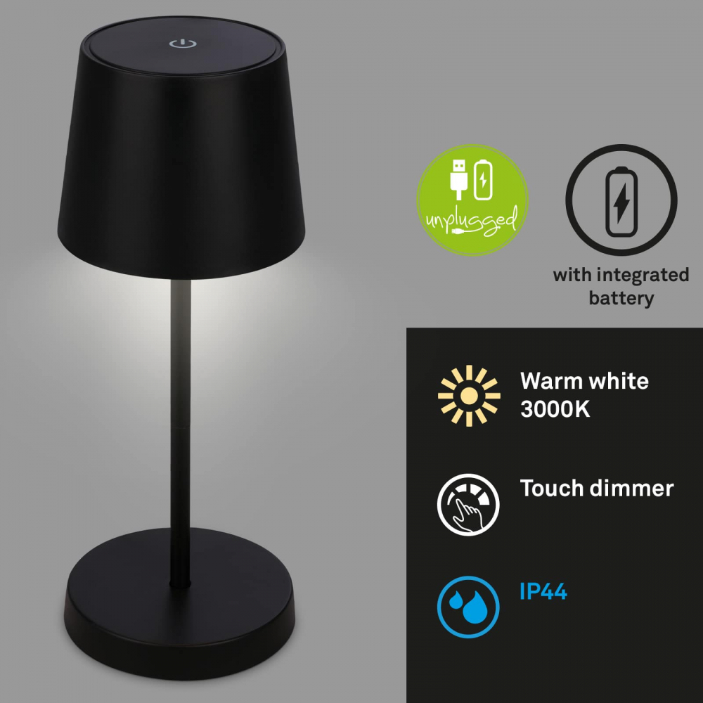 Veioza LED Briloner PIHA Black, Putere 2.6W , Lumina Calda , 150 Lumeni , IP44 ,Dimabila in 3 Trepte, Conexiune USB cu Functie de Incarcare, Capacitate baterie 18 Ore [2]