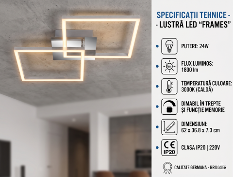 Lustra LED integrat Briloner Leuchen Frames 24W, 1800 lumeni, lumina calda (3000K), dimmabil in trepte cu functie de memorie, 62x36.8 cm, Crom [6]