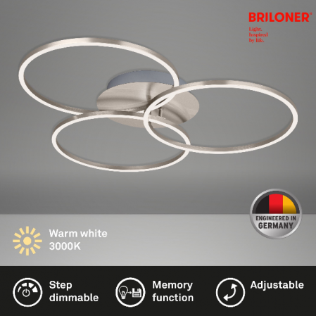 Lustra LED integrat Briloner Leuchen, 40W, 4400 lumeni, lumina calda (3000K), dimmabil in trepte cu functie de memorie, 71.7x67.4cm, Nichel Mat [3]